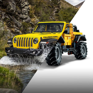 Side-by-side comparison of real Jeep Wrangler Rubicon and LEGO Technic Jeep Wrangler 42122 model