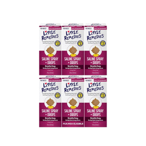 Six boxes of Little Remedies Saline Spray and Drops 0.5 fl oz displayed together showing front packaging