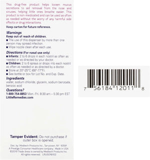 Back label of Little Remedies Saline Spray and Drops showing directions, ingredients, warnings, and barcode