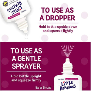 Instructional image showing how to use Little Remedies Saline Spray and Drops as dropper or gentle spray