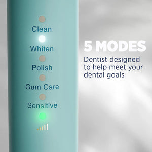 Lumineux electric toothbrush handle showing five cleaning modes including Clean, Whiten, Polish, Gum Care, and Sensitive