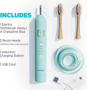 Lumineux electric toothbrush set including handle, two bamboo brush heads, induction charging base, and USB cord