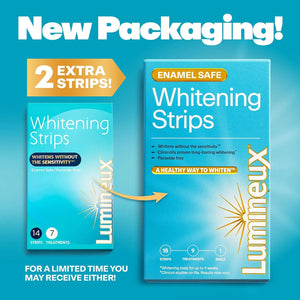 Lumineux whitening strips box showing enamel safe peroxide free formula