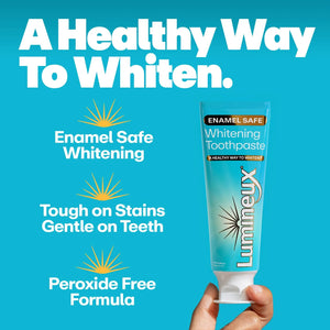 Tube of Lumineux whitening toothpaste labeled enamel safe and peroxide free formula