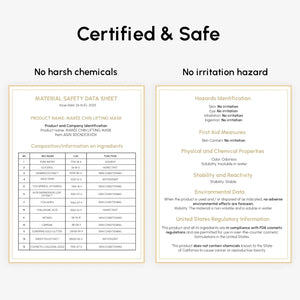 MAREE Chin Lifting Mask ingredient safety sheet highlighting no harsh chemicals and cosmetic compliance information.
