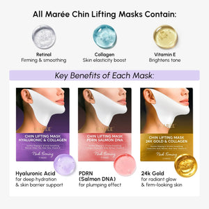 MAREE Chin Lifting Mask collection featuring hyaluronic and collagen, PDRN, and 24K gold variants.