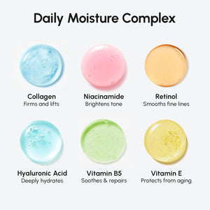 Ingredient display of collagen, niacinamide, retinol, hyaluronic acid, vitamin B5, and vitamin E in MAREE face moisturizer.