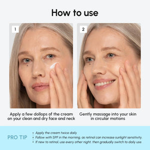 Woman applying MAREE Collagen & Retinol Face Cream to clean skin with step-by-step usage instructions.