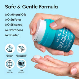 MAREE Collagen & Retinol Deep Moisturizer jar showing safe formula claims including no mineral oils, sulfates, silicones, parabens, or gluten.