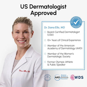 Board certified dermatologist shown with MAREE under eye gel patches labeled as dermatologist approved.