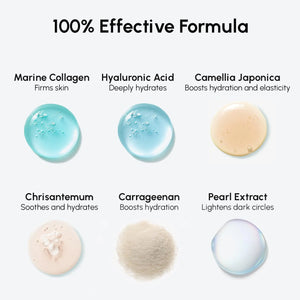 MAREE under eye gel patches formula featuring marine collagen, hyaluronic acid, camellia japonica and pearl extract.