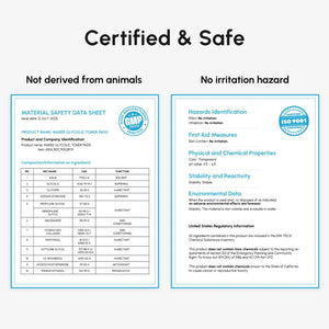MAREE Glycolic Acid Facial Polish showing certified safe formula with GMP and ISO standards and ingredient transparency sheet.