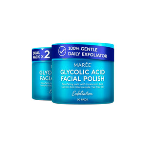 MAREE Glycolic Acid Facial Polish dual pack with two 50 pad containers for daily gentle exfoliation.