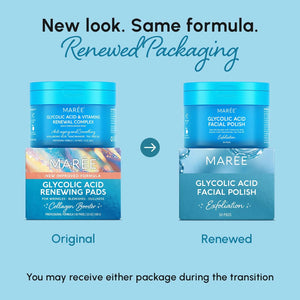 Comparison of original and renewed packaging of MAREE Glycolic Acid Facial Polish pads during transition period.