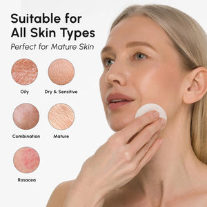Woman using MAREE Glycolic Acid Facial Polish pads suitable for oily, dry, combination, mature, and sensitive skin types.