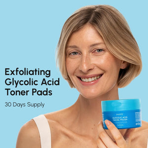 Woman holding MAREE Glycolic Acid Facial Polish pads jar labeled as 30 days supply for daily exfoliating care.