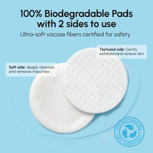 MAREE Glycolic Acid toner pads showing dual-sided biodegradable design with textured exfoliating side and soft cleansing side.