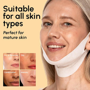 Woman wearing MAREE V Line Lifting Mask showing suitability for dry, oily, combination, and mature skin types.