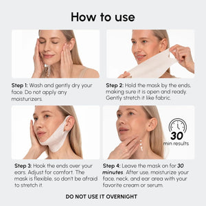 Step by step instructions for applying MAREE V Line Lifting Mask including placement, adjustment, and 30 minute use guidance.