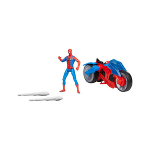 Marvel Spider-Man action figure with red and blue motorcycle and web projectile accessories included.