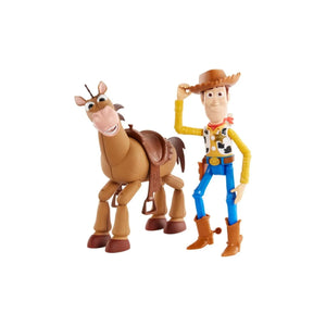 Mattel Toy Story 4 Woody and Bullseye action figures with articulated joints.