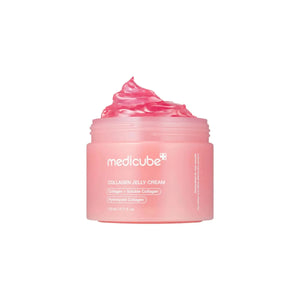 Close-up of Medicube Collagen Jelly Cream 110 ml showing pink jelly texture with hydrolyzed collagen for hydration and glow