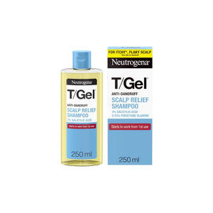 Neutrogena T/Gel Scalp Relief Anti-Dandruff Shampoo 250 mL bottle and box packaging side by side.
