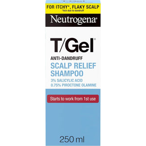 Front view of Neutrogena T/Gel Scalp Relief Anti-Dandruff Shampoo box 250 mL.