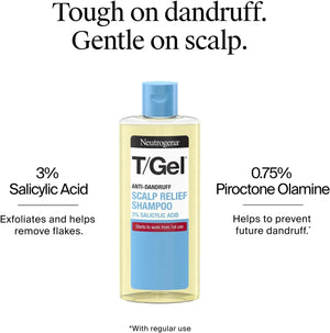 Neutrogena T/Gel Scalp Relief Anti-Dandruff Shampoo bottle highlighting 3% salicylic acid and 0.75% piroctone olamine.