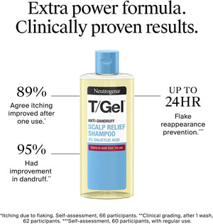 Neutrogena T/Gel Scalp Relief Anti-Dandruff Shampoo bottle with clinical study information displayed.