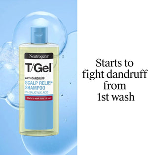 Neutrogena T/Gel Scalp Relief Anti-Dandruff Shampoo bottle with first wash claim graphic.