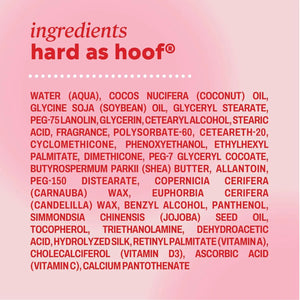 Ingredients list for Onyx Hard as Hoof Nail Strengthening Cream Coconut Scent showing water, coconut oil, shea butter, vitamins A, C, D3 and other conditioning ingredients.