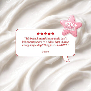 Customer testimonial graphic for Onyx Hard as Hoof Nail Strengthening Cream with five-star rating and 53K reviews.