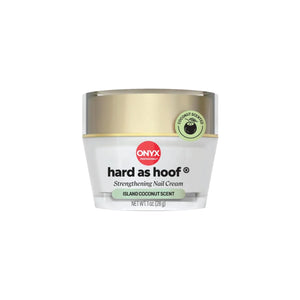 Front view of Onyx Hard as Hoof Nail Strengthening Cream Island Coconut Scent 1 oz jar with gold lid.