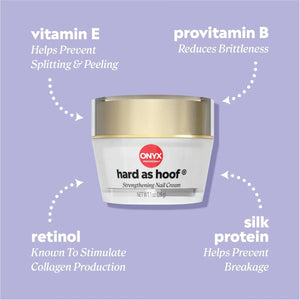 Onyx Hard as Hoof Nail Strengthening Cream jar highlighting key ingredients including vitamin E, provitamin B, retinol, and silk protein.