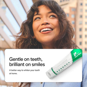 Woman smiling outdoors with Opalescence Whitening Toothpaste Cool Mint product banner displayed.