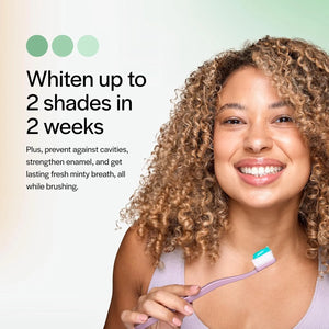 Graphic showing Opalescence Whitening Toothpaste claim of whitening up to two shades in two weeks with fluoride benefits.