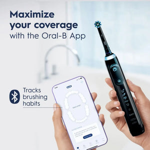 Oral-B Genius X electric toothbrush connected to smartphone app showing brushing tracking features.