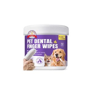 Pet dental finger wipes container showing 50 count packaging with dog and cat image.