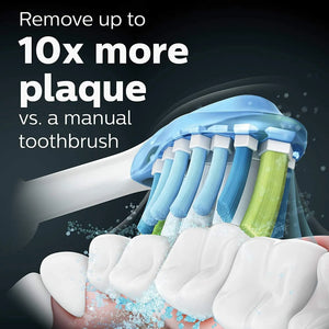 Close-up of Philips Sonicare DiamondClean 9000 brush head cleaning teeth surface illustration.