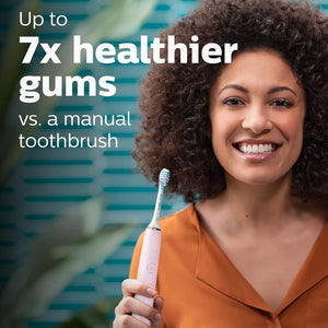 Philips Sonicare DiamondClean 9000 electric toothbrush comparison graphic referencing gum care versus a manual toothbrush.