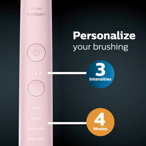 Philips Sonicare DiamondClean 9000 pink electric toothbrush showing multiple brushing modes and intensity settings.