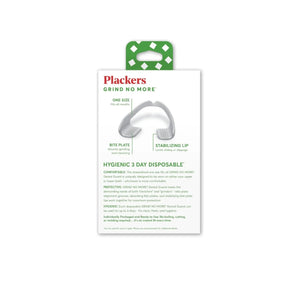 Back packaging of Plackers Grind No More disposable dental guards showing product details and features