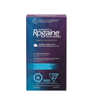 Rogaine for Women 5% Foam hair regrowth treatment box packaging showing four-month supply