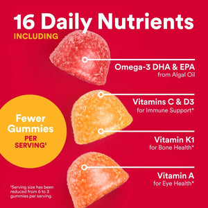 SmartyPants Adult Multi Plus gummies with 16 daily nutrients including omega-3 DHA EPA vitamins C D3 K1 and A