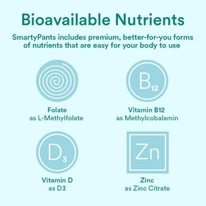 SmartyPants Prenatal Multivitamin showing bioavailable nutrients including L-methylfolate, methylcobalamin B12, vitamin D3 and zinc citrate.