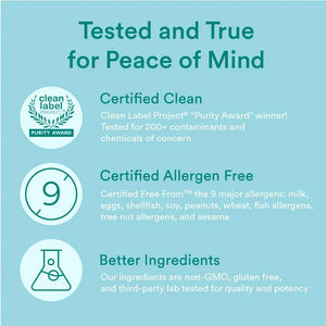 SmartyPants Prenatal Gummies certified clean, non-GMO, allergen free and third-party tested for quality and purity.