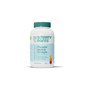 SmartyPants Prenatal Multi and Omegas Multivitamin Gummies 120 count dietary supplement bottle.