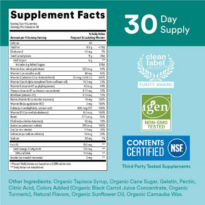 SmartyPants Prenatal Multivitamin Supplement Facts panel showing vitamins, omega-3 content and 30 day supply information.