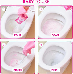 Step-by-step instructions for using Stardrops Pink Stuff Foaming Toilet Cleaner showing pour, foam, brush, and flush process.